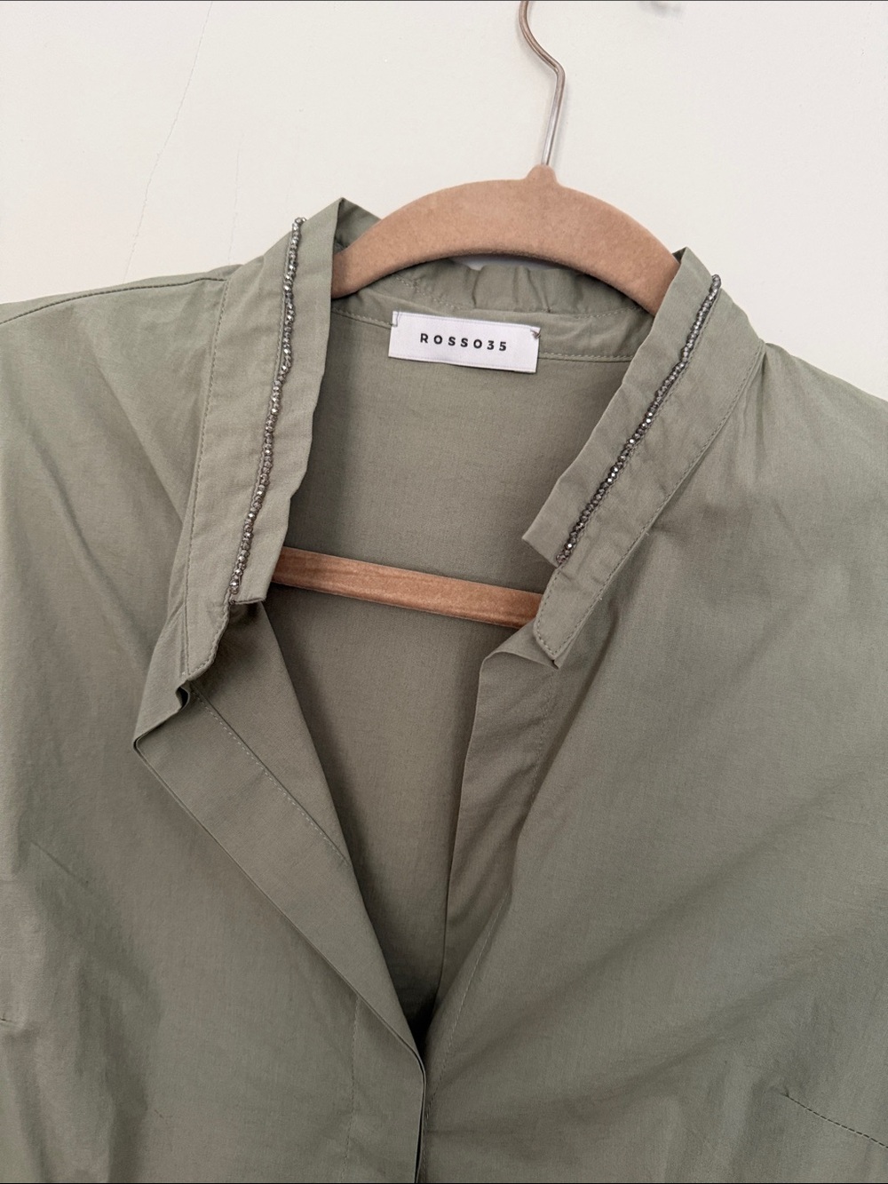 Rosso35 Sage Green Shirt Dress Beaded Collar Belted Midi Dress